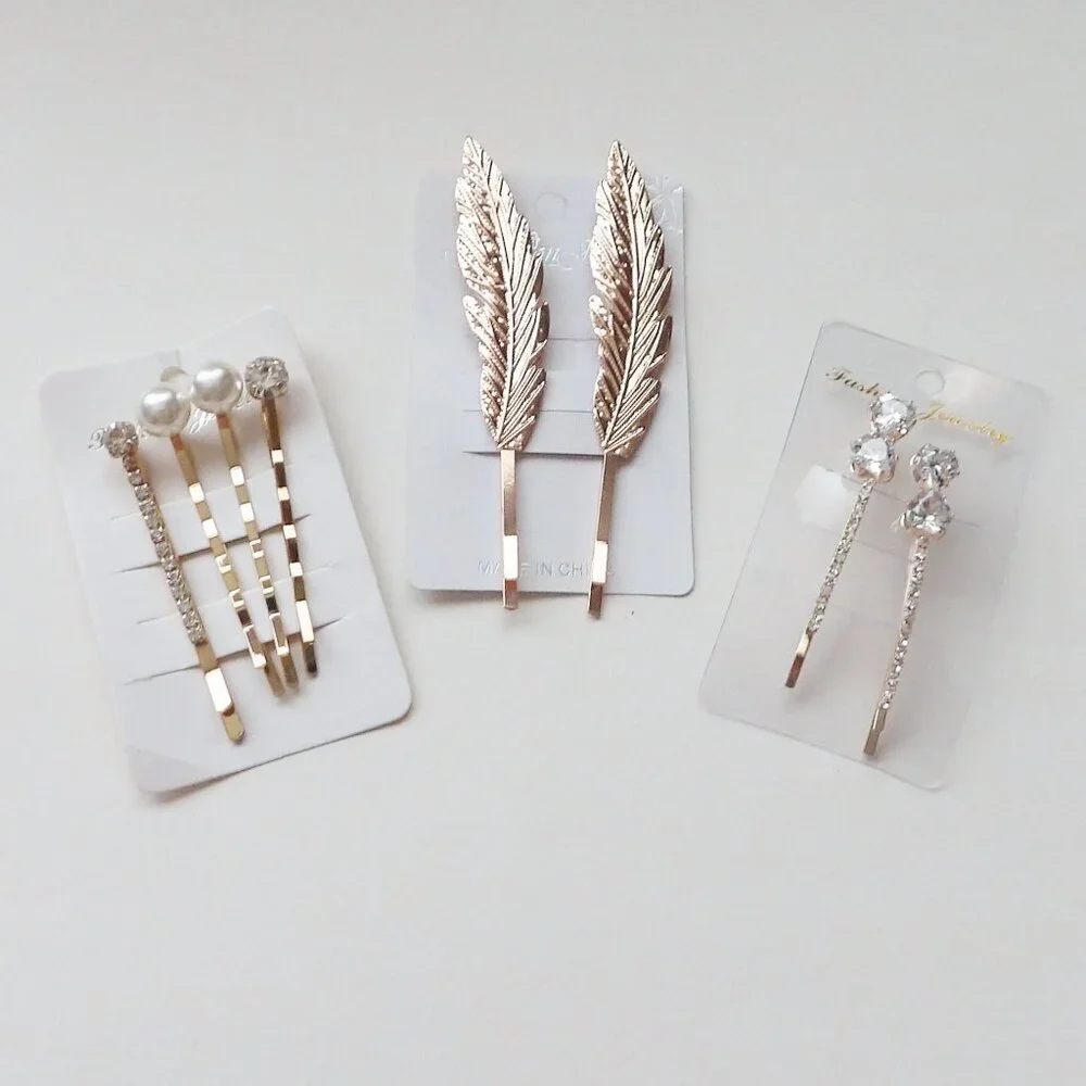 Bundle of 8 Bobby Pins Various Designs Faux Pearl Crystals Gold Tone NEW